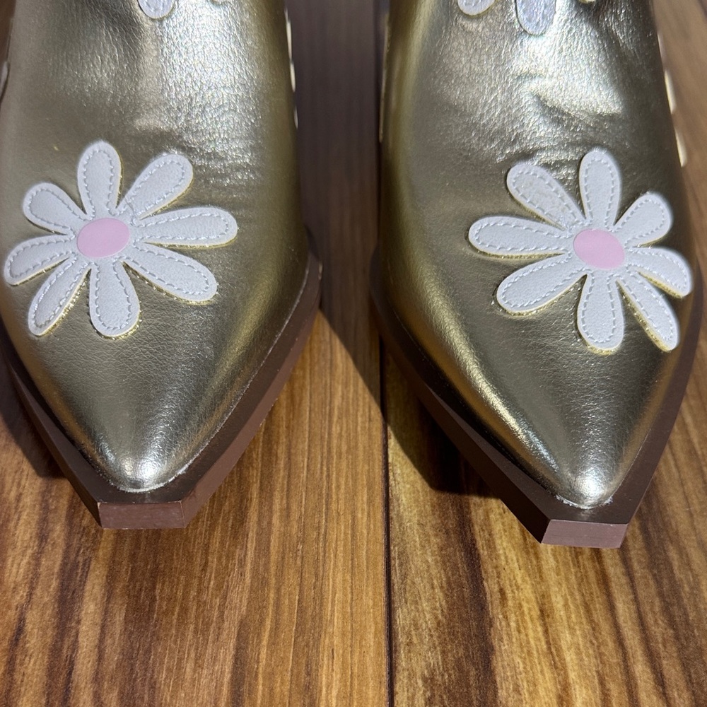 Betsey Johnson Women’s Teddy Gold Heeled Boots with Floral Design - Picture 4 of 13